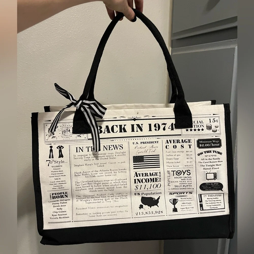 NWT “1974 Vintage, Back in 1974” Large Canvas Tote Bag Black & White Bow Detail